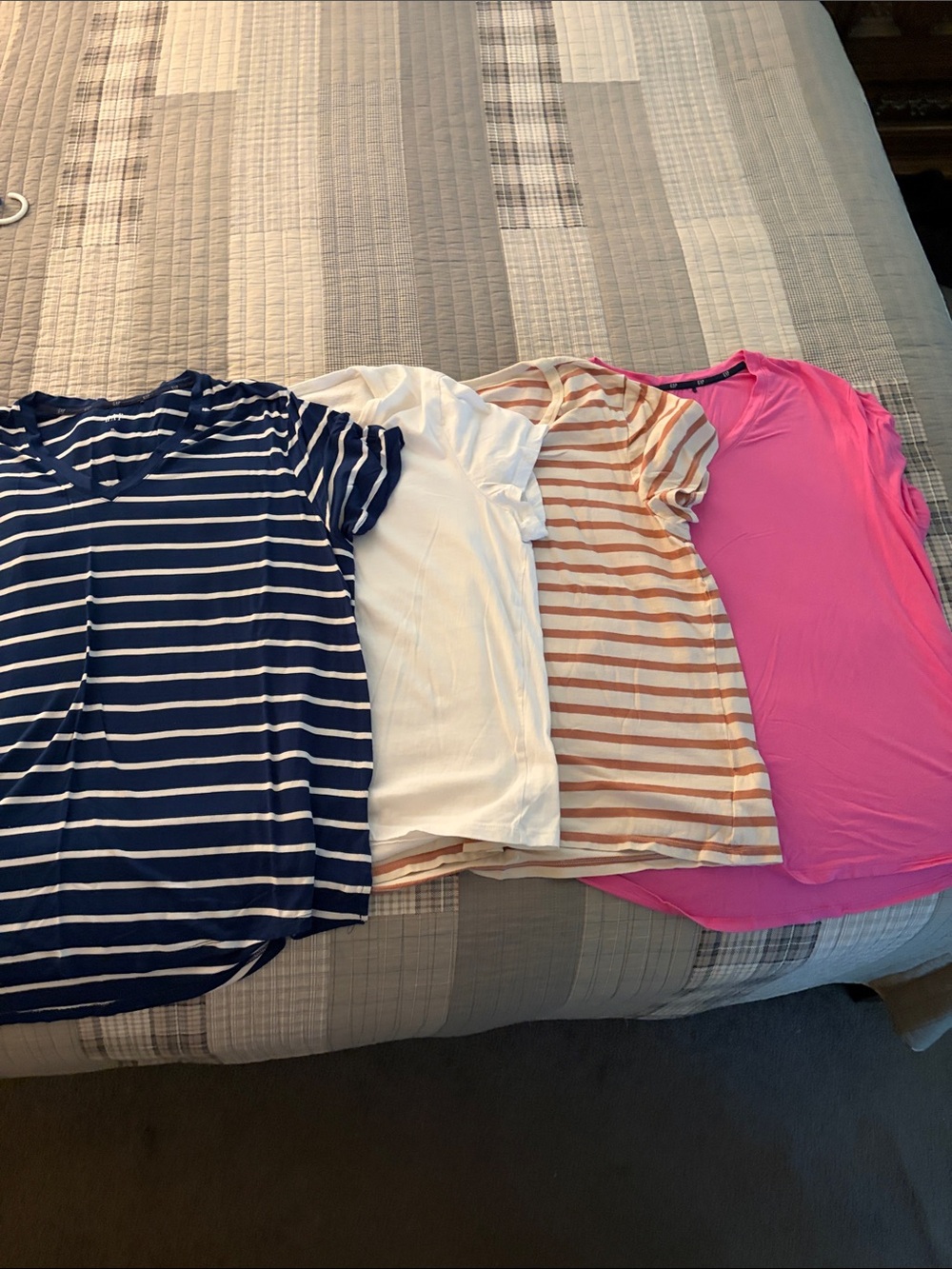 Pack of 4 Women’s Short Sleeve Tops - Navy Stripe, White, Tan Stripe & Hot Pink